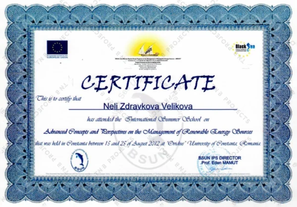 Сертификат „Renewable Energy Sources“ – Black Sea Universities Network Сертификат на инж. Нели Димитрова за обучение „Renewable Energy Sources“ – Black Sea Universities Network