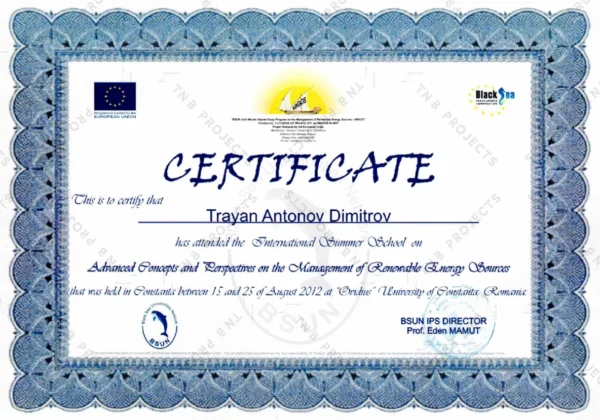 Сертификат „Renewable Energy Sources“ – Black Sea Universities Network Сертификат на инж. Траян Димитров за обучение „Renewable Energy Sources“ – Black Sea Universities Network