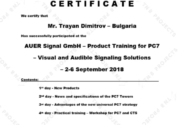 Сертификат „Certificate Visual and Audible Signaling Solutions“ – Auer Signal Сертификат на инж. Траян Димитров за обучение „Certificate Visual and Audible Signaling Solutions“ – Auer Signal